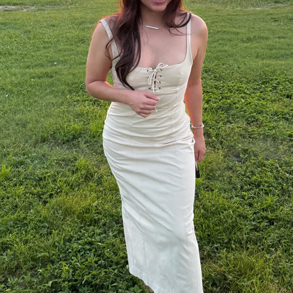 Zara Beige Lace-Up Midi Dress